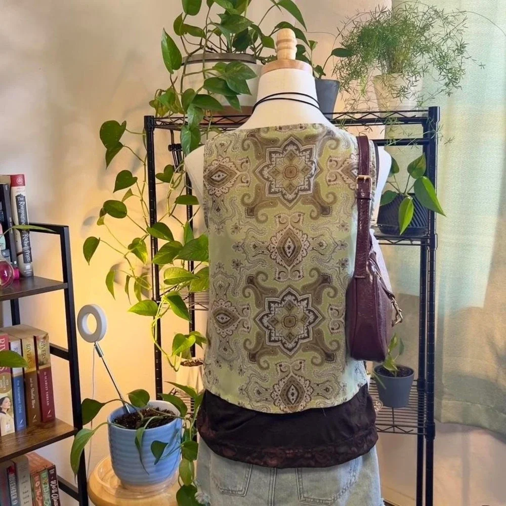 Vintage Y2K Green‎ Paisley Button-up Fairy Tank Top Blouse Small Boho Festival - Picture 6 of 7